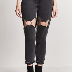 Punk Goth Boyfriend high waist Jeans O ring Ripped Cut Out Knees 28 Medium